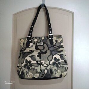 Relic Large Brown Floral Canvas Satchel Black Double Handle Logo Purse NWOT